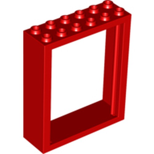Red LEGO Door Frame 2x6x6 with studs on the top surface, viewed at an angle on a white background.