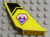Yellow LEGO tail fin part with a black chevron pattern and a Coast Guard logo featuring a red and white lifebuoy.