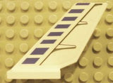 White LEGO 6239pb020L shuttle tail part with blue stripes and black contour sticker pattern on the left side.