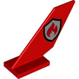 Red LEGO 6239pb108 Tail Shuttle part with a silver and black fire logo outline pattern.