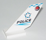 White LEGO tail fin 6239px1 with blue star, black 'POLICE' text, blue checkered tip, and red siren.