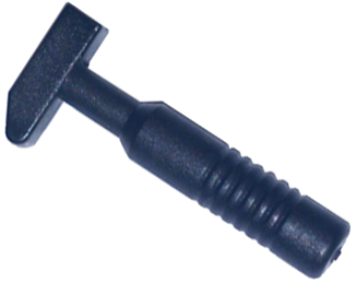 A black LEGO minifigure utensil tool: a cross pein hammer with a 6-ribbed handle, angled against a white background.