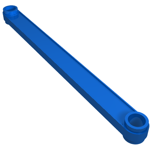 A blue LEGO Technic Link 1 x 11, a long flat bar with a pin hole at each end, angled against a white background.