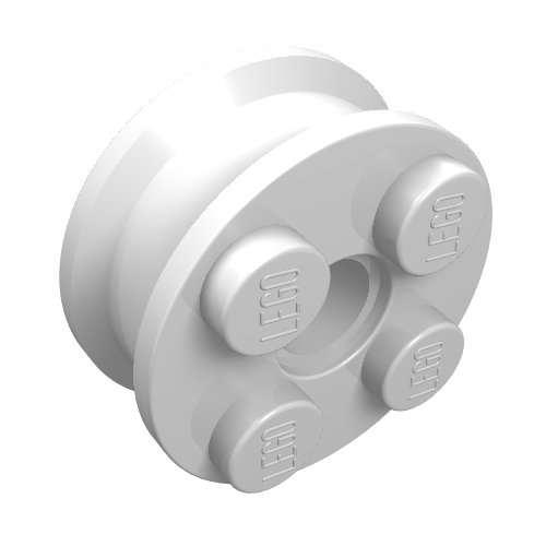 White LEGO 6248 Wheel FreeStyle with Technic Pin Hole, featuring four studs with LEGO logo on one face.