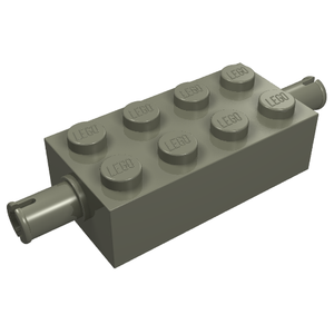 LEGO 6249 Modified 2x4 Brick with Pins, light grey, showing a pin connector extending from each end.