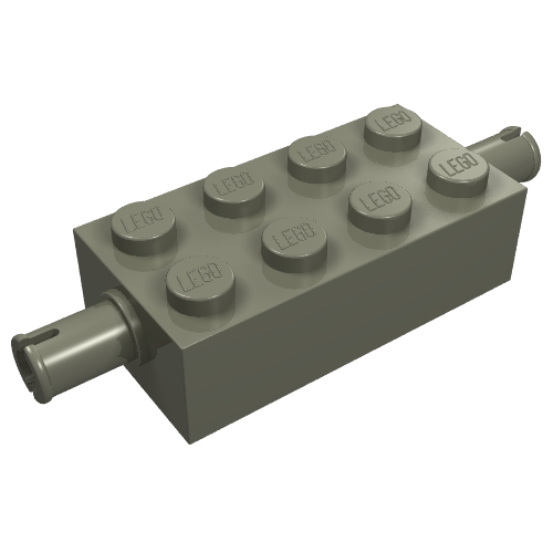 LEGO 6249 Modified 2x4 Brick with Pins, light grey, showing a pin connector extending from each end.