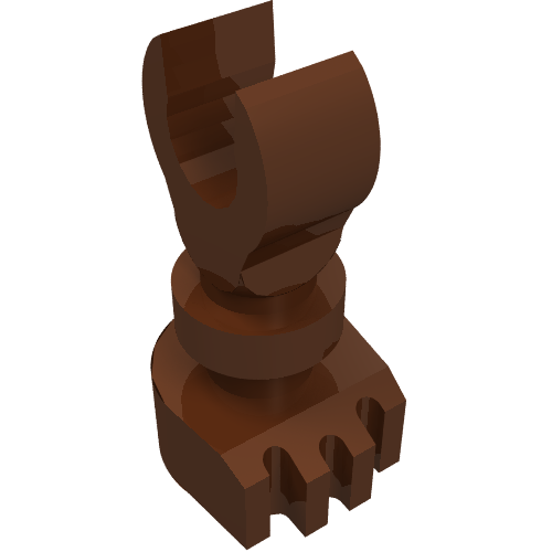 Brown LEGO skeleton leg part 6266, with a socket, articulated joint, and three-toed foot.