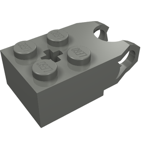 Dark grey LEGO Technic 2x2 brick with 4 studs, cross hole, ball socket, and angled forks with axle holes.