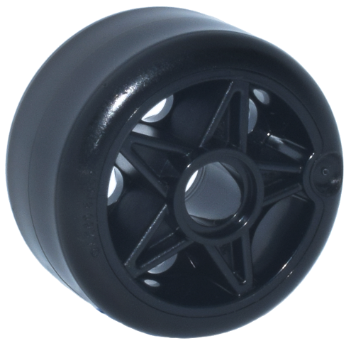 Black LEGO wheel 24x15 with hard plastic tire pattern, 5-spoke hub, and center pin hole.