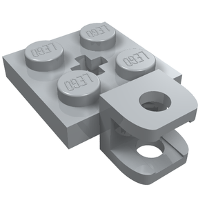 Light gray LEGO 2x2 plate with four studs and an axle hole, featuring a modified short tow ball socket with holes.