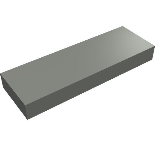 Grey LEGO 1x3 tile, rendered in 3D with a slight perspective, showing its flat top and one long side.