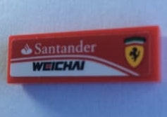 Red LEGO 1x3 tile with white Santander and WEICHAI logos, and a yellow Ferrari shield logo on the right.
