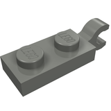 Gray LEGO 1x2 plate with two studs and a horizontal clip on one end. LEGO logo embossed on studs.