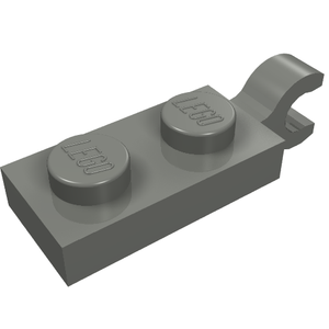 Gray LEGO 1x2 plate with two studs and a horizontal clip on one end. LEGO logo embossed on studs.