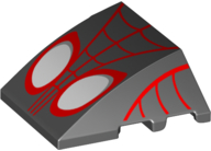 A grey LEGO curved 4x3 wedge piece with no studs, featuring a red Spider-Man mask print with white eyes and spider web details.
