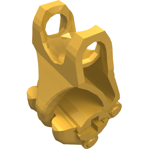 A golden LEGO Bionicle fist piece with an axle hole on top and three fingers visible.