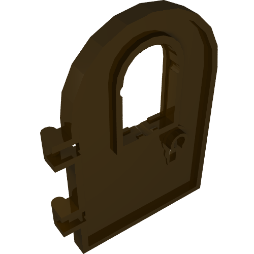 Dark brown LEGO Door 1x4x6 Round Top with window, keyhole, and reinforced edge, angled view.