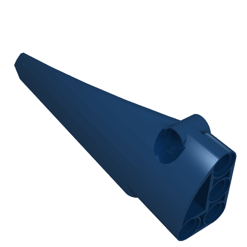 Dark blue LEGO Technic Panel Fairing #6 Long Smooth, Side B. The tapered panel has pin holes at the wider end.