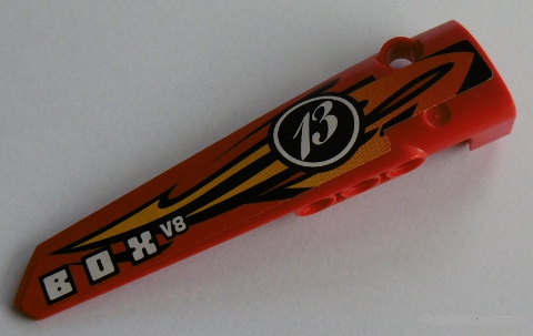 Red LEGO Technic Panel Fairing #6, long smooth, with orange and yellow flames, '13' in a circle, and 'BOX V8' pattern.