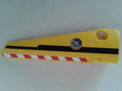 Yellow LEGO Technic Panel Fairing #6, long smooth, with red and white danger stripes, black line, and a filler cap sticker.