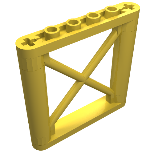 A yellow LEGO Technic 1x6x5 rectangular girder support, featuring cross-axle holes and five top studs.