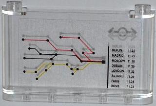 Clear LEGO 1x6x3 windscreen with sticker showing a train map (red, black, yellow lines) and schedule (Berlin 11:03).