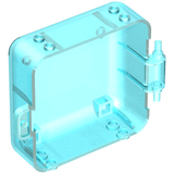 3D render of a transparent light blue LEGO container part 64462, showing interior details, mounting points, and a hinge.