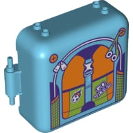 Light blue LEGO container with a backpack, headphones, flaming soccer ball, and 'GO TEAM' pattern.