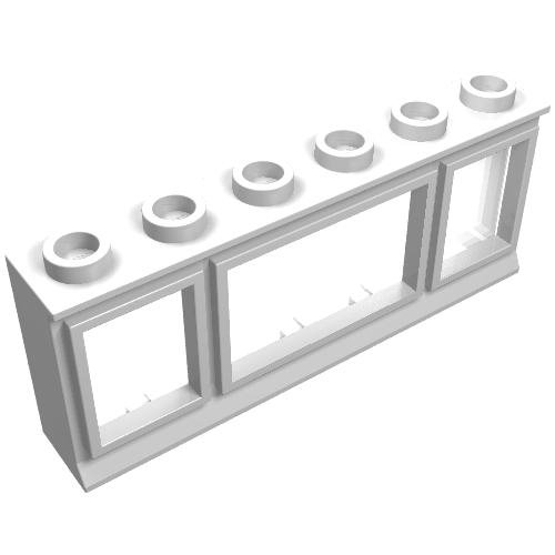 A white LEGO Window 1 x 6 x 2 brick, featuring six studs on top and three framed window openings.