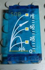 Transparent blue LEGO panel 1x2x3 with '508' and a launch command display sticker showing rockets ascending on a 0-75 scale.