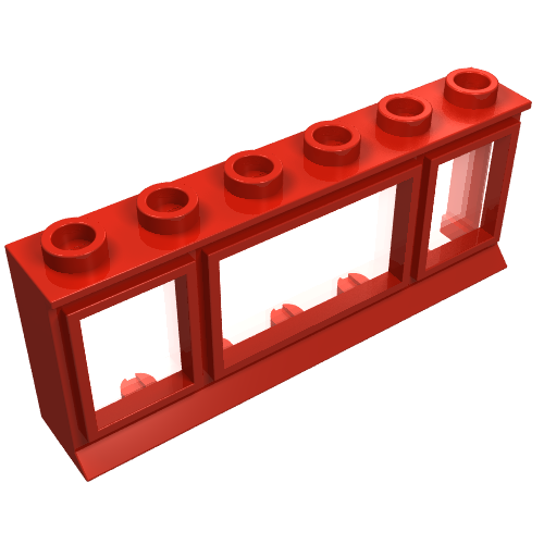 Red LEGO 1x6x2 window brick with an extended lip, featuring six studs on top and clear window panes.