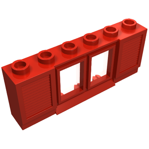 Red LEGO 646bc01 window 1x6x2, featuring shutters, an extended lip, and two clear glass openings.