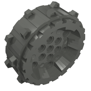 Dark gray LEGO 64711 hard plastic wheel with small cleats on the outer edge and multiple Technic pin holes.
