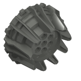 Angled view of a dark gray LEGO 64712 hard plastic wheel with small cleats and flanges and a multi-hole hub.