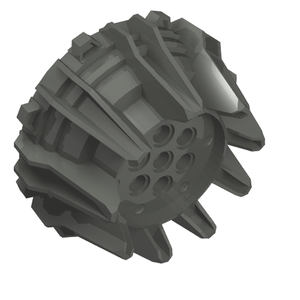 Angled view of a dark gray LEGO 64712 hard plastic wheel with small cleats and flanges and a multi-hole hub.