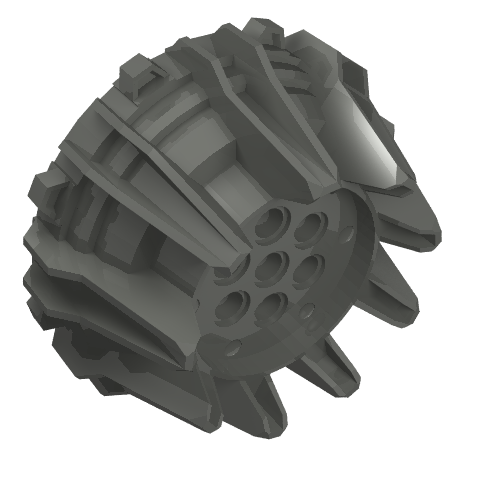 Angled view of a dark gray LEGO 64712 hard plastic wheel with small cleats and flanges and a multi-hole hub.