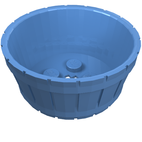 Blue LEGO 64951 Container, Barrel Half Large with Axle Hole, viewed from above showing studs inside.