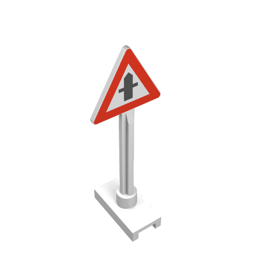 LEGO 649p02 road sign triangle with red border, white background, black road crossing symbol, grey pole, and white base.