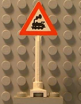 LEGO 649pb06a road sign, white post with a red-bordered triangular sign featuring a black steam train engine on a white background.