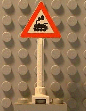 LEGO 649pb06a road sign, white post with a red-bordered triangular sign featuring a black steam train engine on a white background.