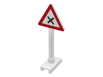 LEGO 649pb12 road sign with a red-bordered white triangle and a black X for dangerous intersection, on a white post and base.