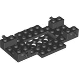 Black LEGO 6x10 vehicle baseplate with a 2x4 recessed center, holes, and side attachment bars.