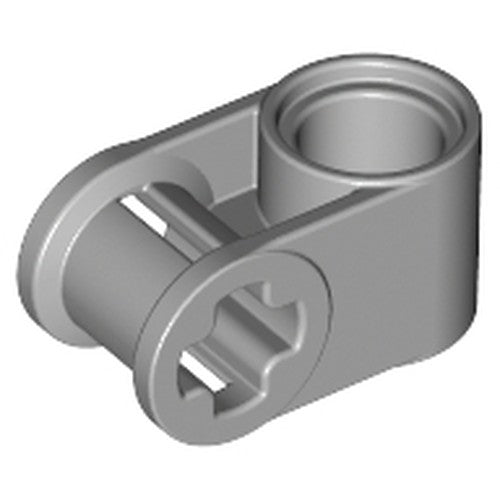 A light grey LEGO Technic Axle and Pin Connector Perpendicular (part 6536) on a white background, viewed from an angle.