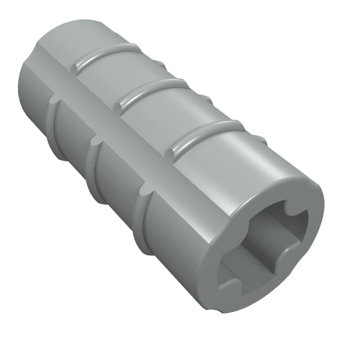 Light gray LEGO Technic Axle Connector 2L, ridged with a plus-shaped hole, shown at an angle on a white background.