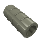 Grey LEGO 6538b Technic Axle Connector 2L, ridged, with an X-shaped hole, angled view.