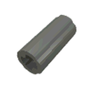 A dark gray LEGO Technic Axle Connector 2L, smooth with an x-hole for axles, shown at an angle.