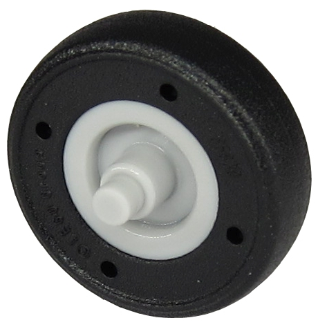 LEGO 65630pb01 small black wheel with molded hard rubber tire pattern, white hub, and stub axle.