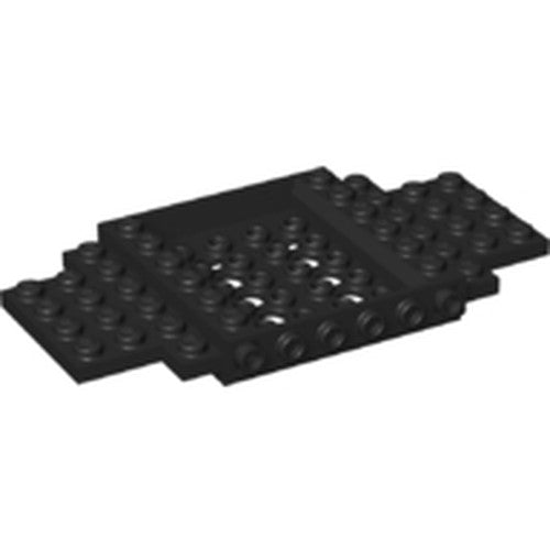 Black LEGO 65634 Vehicle Base 6 x 12 x 1 with a 5 x 4 recessed center and 8 holes, viewed from an angle.