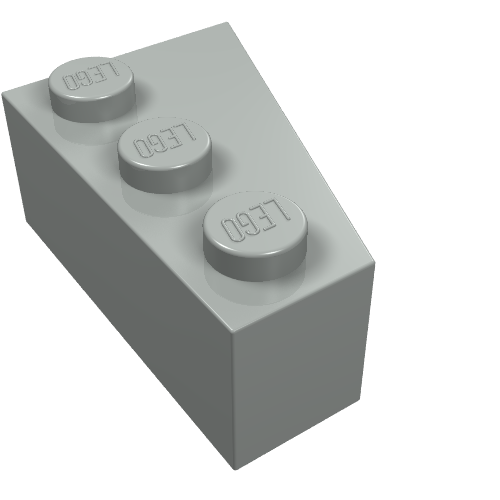 Light gray LEGO wedge brick 3x2 left with three studs, viewed from an angle on a white background.