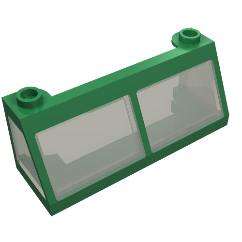 Green LEGO 6567c02 Windscreen 2 x 6 x 2 Train part with two fixed transparent glass panels and top studs.